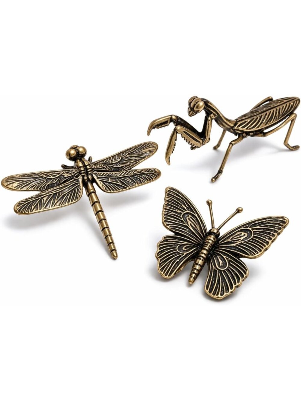 Brass Insect Figurines Set - Dragonfly, Butterfly & Praying Mantis Home Decor